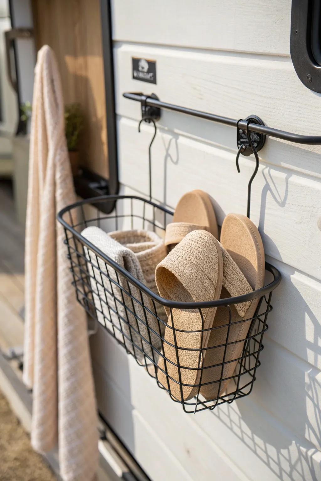 Mounted wire basket by the RV door—effortless toss-in storage for flip-flops and slides.