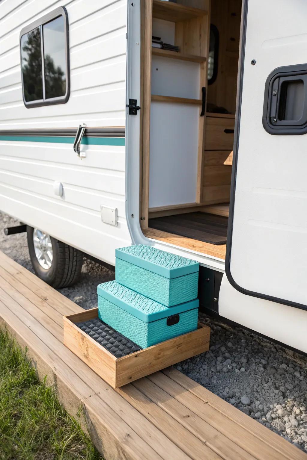 Keep wheel chocks + leveling blocks under the step—grab-and-go setup gear in seconds.
