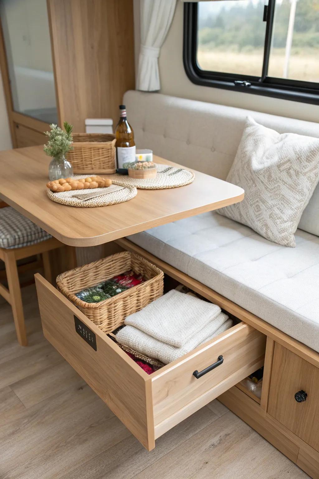 A storage bench + RV table keeps blankets, games, and pantry extras hidden but beautiful.