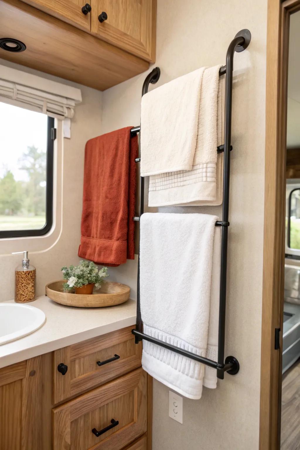Double-decker towel bars: double the drying space in your RV bathroom—zero extra footprint.