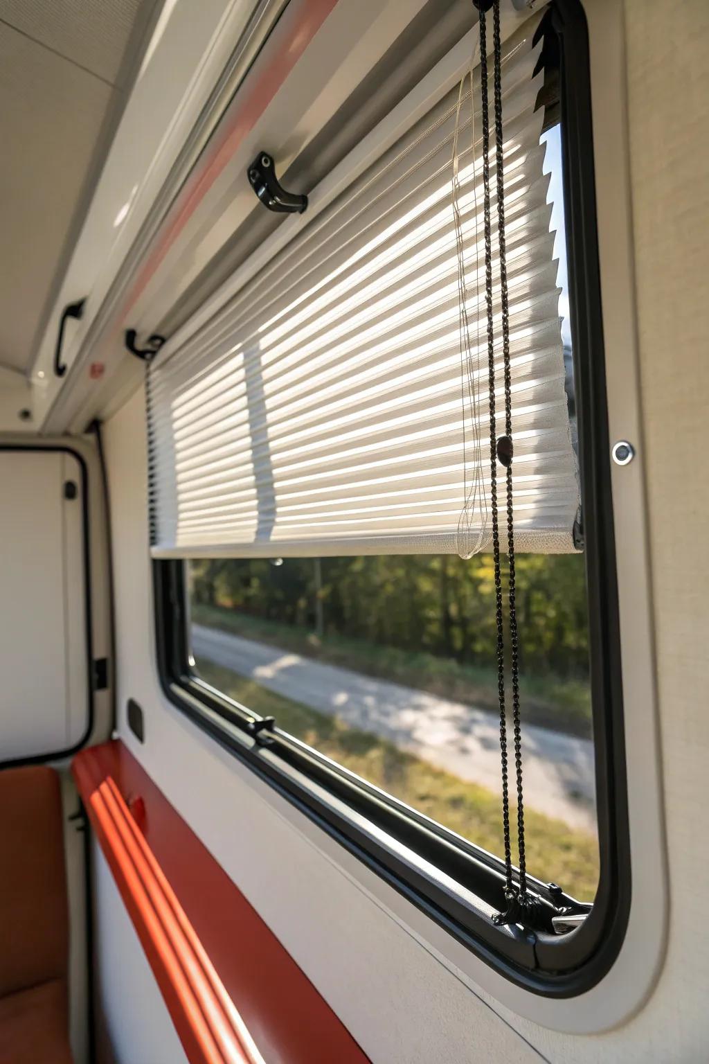 Slim mini blinds for RV windows—durable, tidy, and softly framed with linen panels.