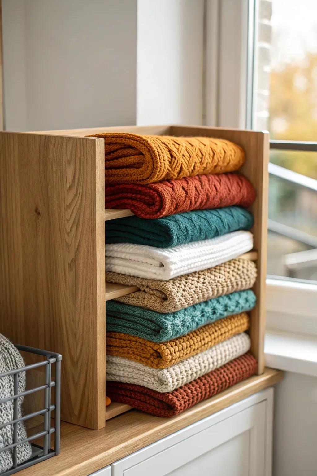 A simple file organizer turns folded scarves into an easy, no-fuss closet display.