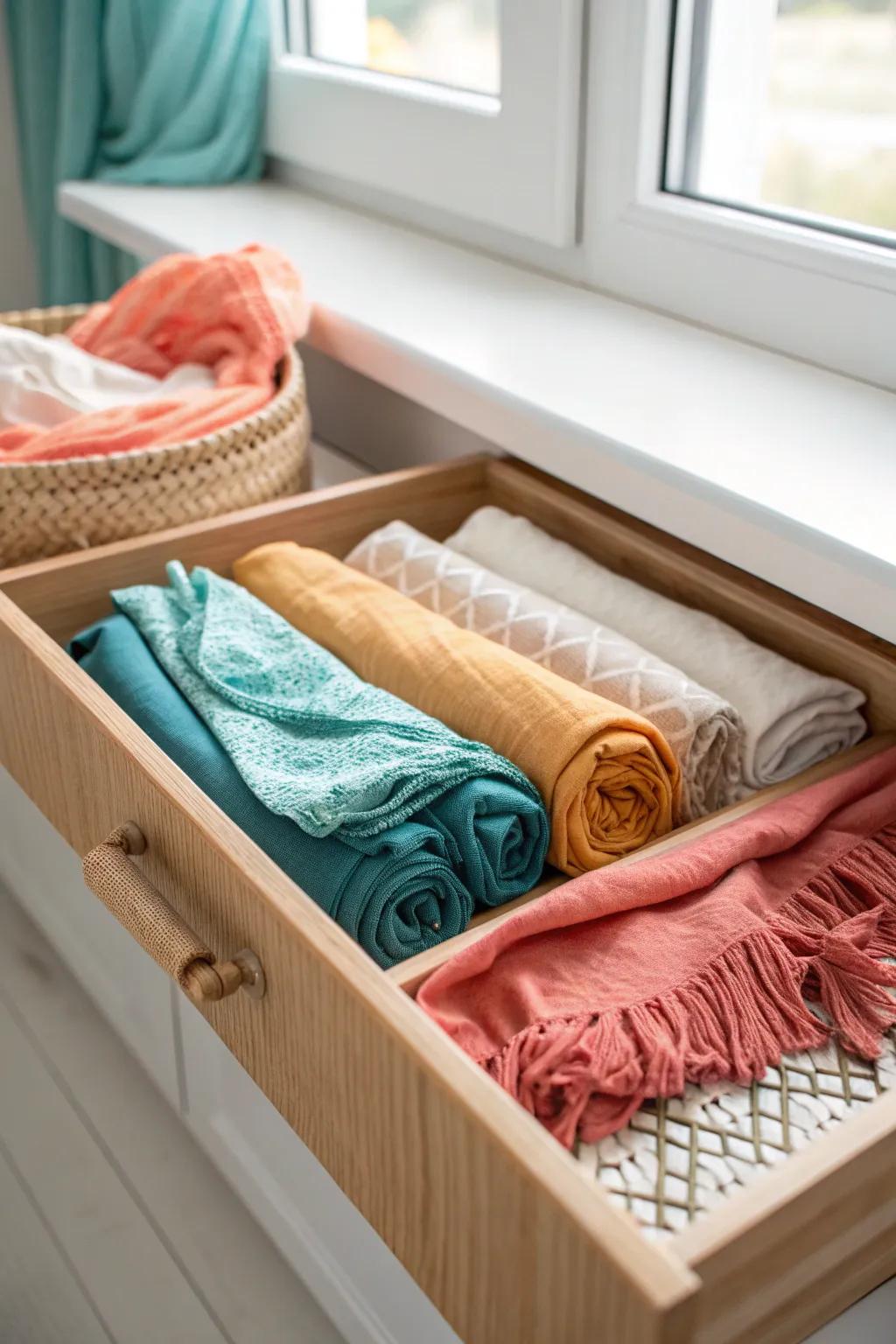 Flat stacks, loose folds: keep delicate scarves crease-free in a slim tray for small spaces.