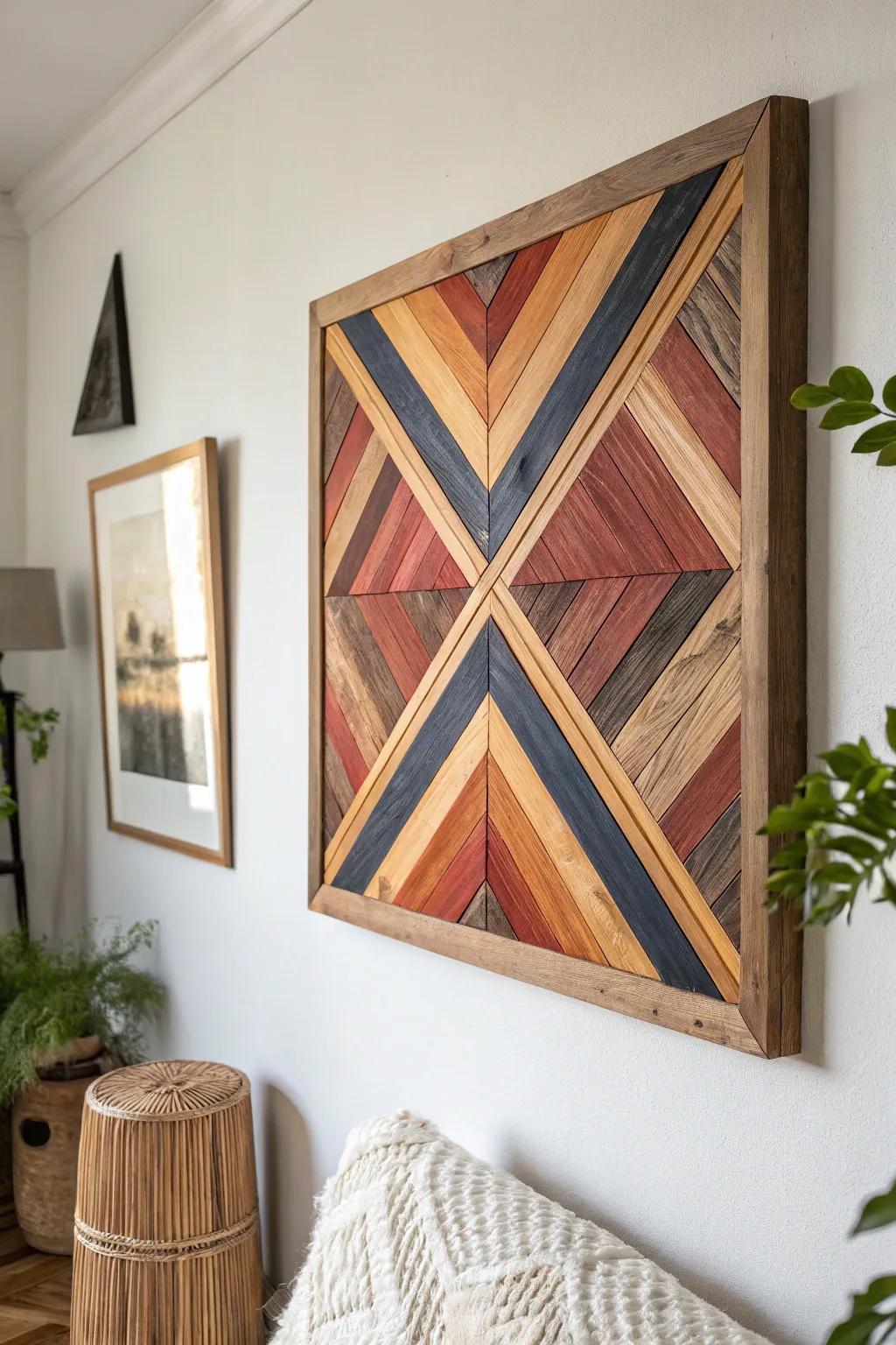 Handcrafted diamond scrap-wood wall art—bold color blocks with minimalist boho charm.