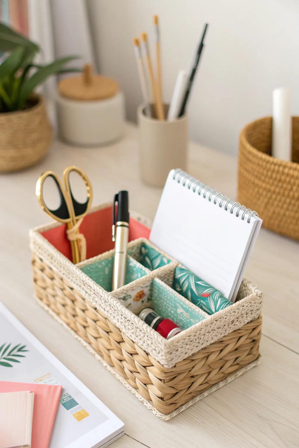 Grab-and-go desktop caddy keeps scrapbook scissors, pens & adhesive tidy in tiny spaces.
