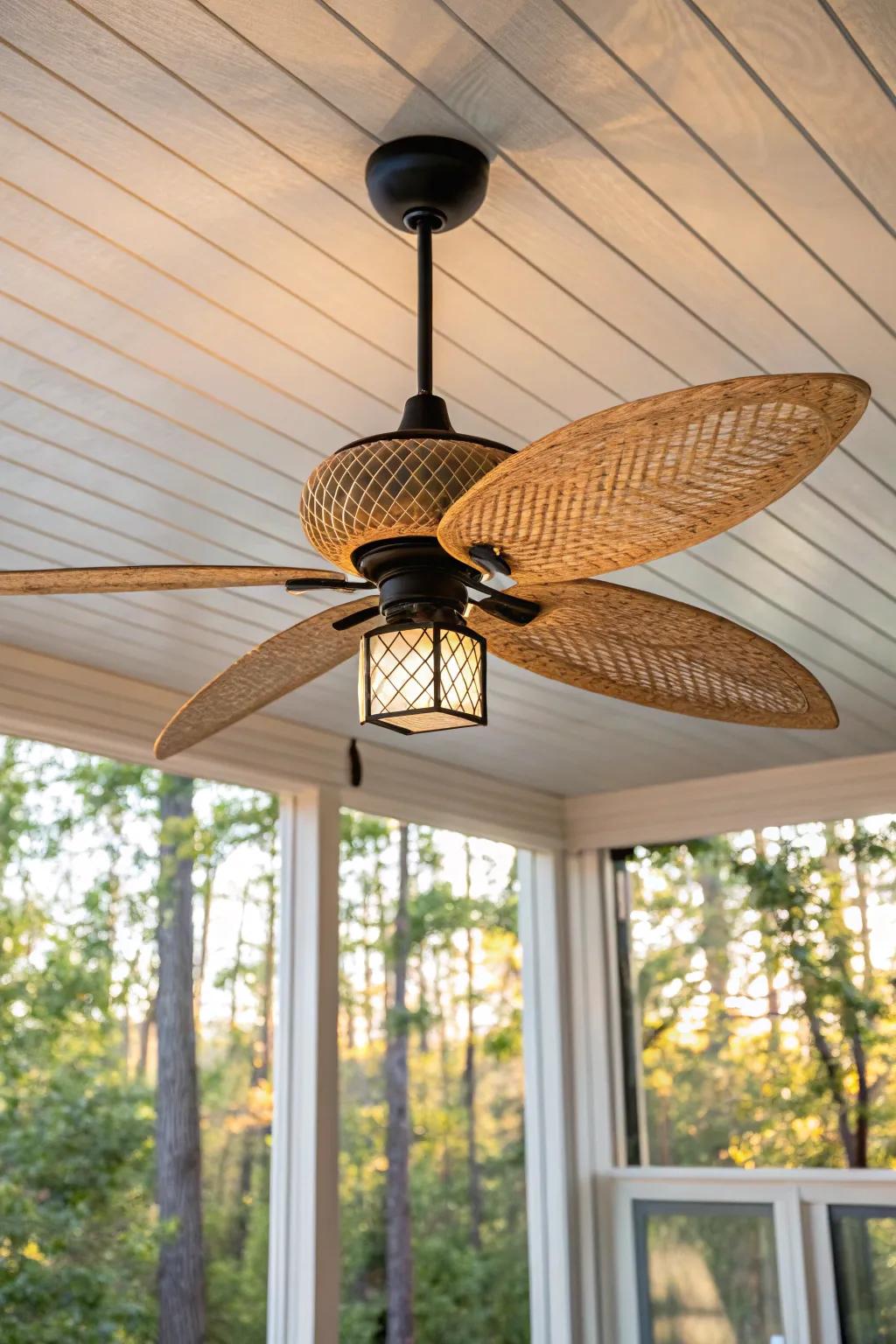 A simple ceiling fan brings breezy, all-day comfort to a screened-in mobile home porch.