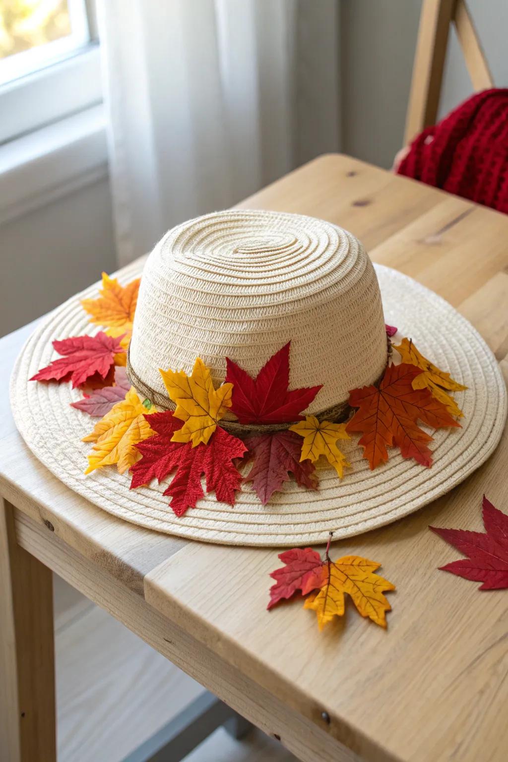 Embrace the season with this charming fall leaf sun hat, a perfect blend of nature and creativity!