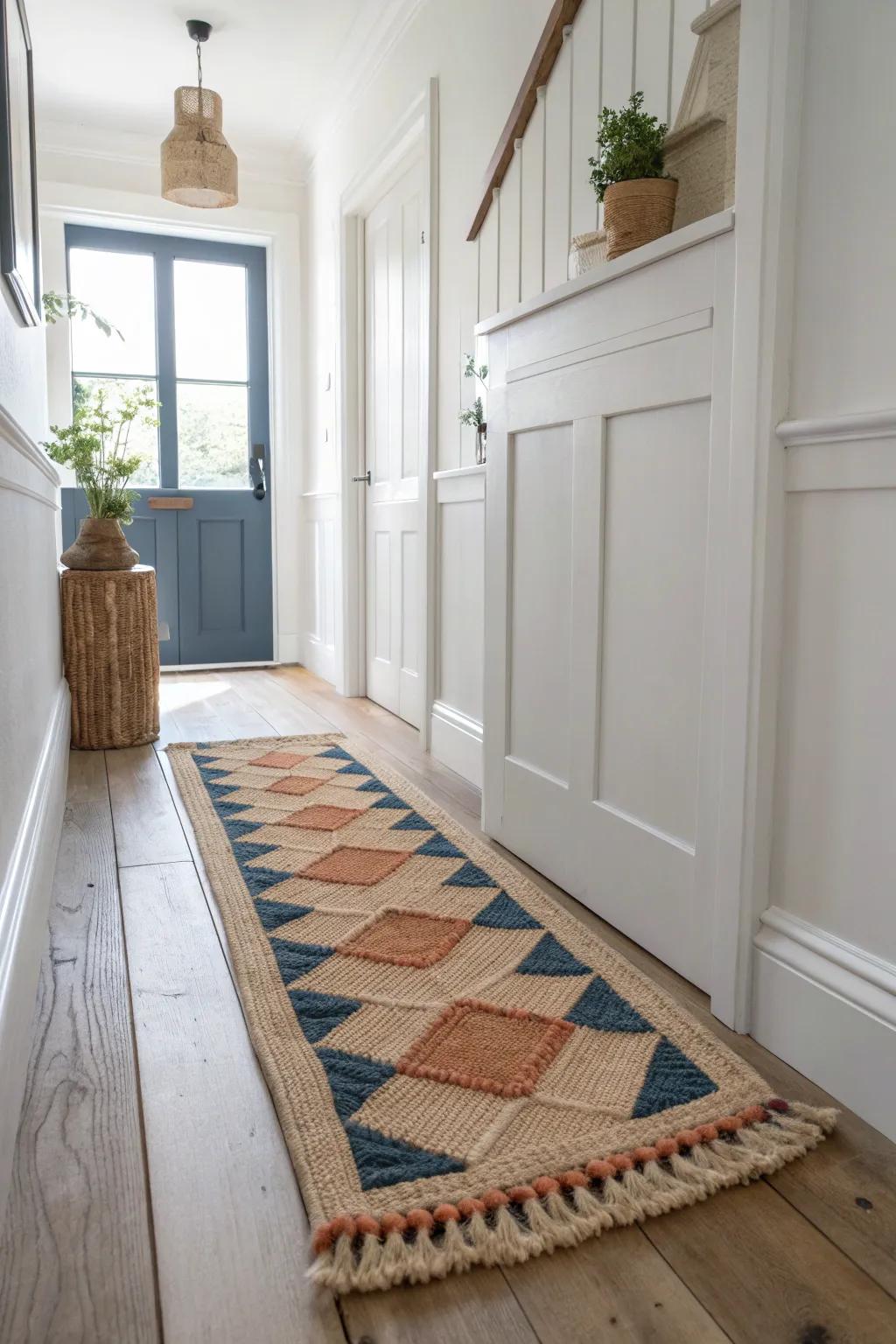 A handcrafted sensory mat turns a tiny hallway landing into a calm, shoe-off ritual.