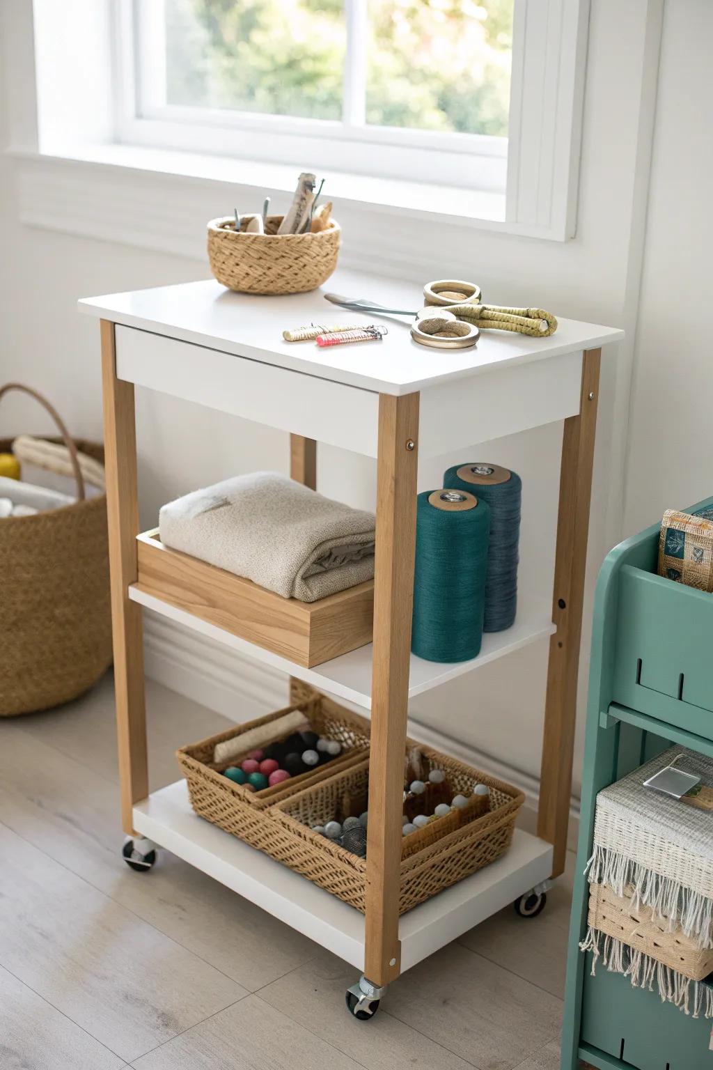 A slim rolling cart keeps sewing essentials close—then glides away for an instantly calm room.