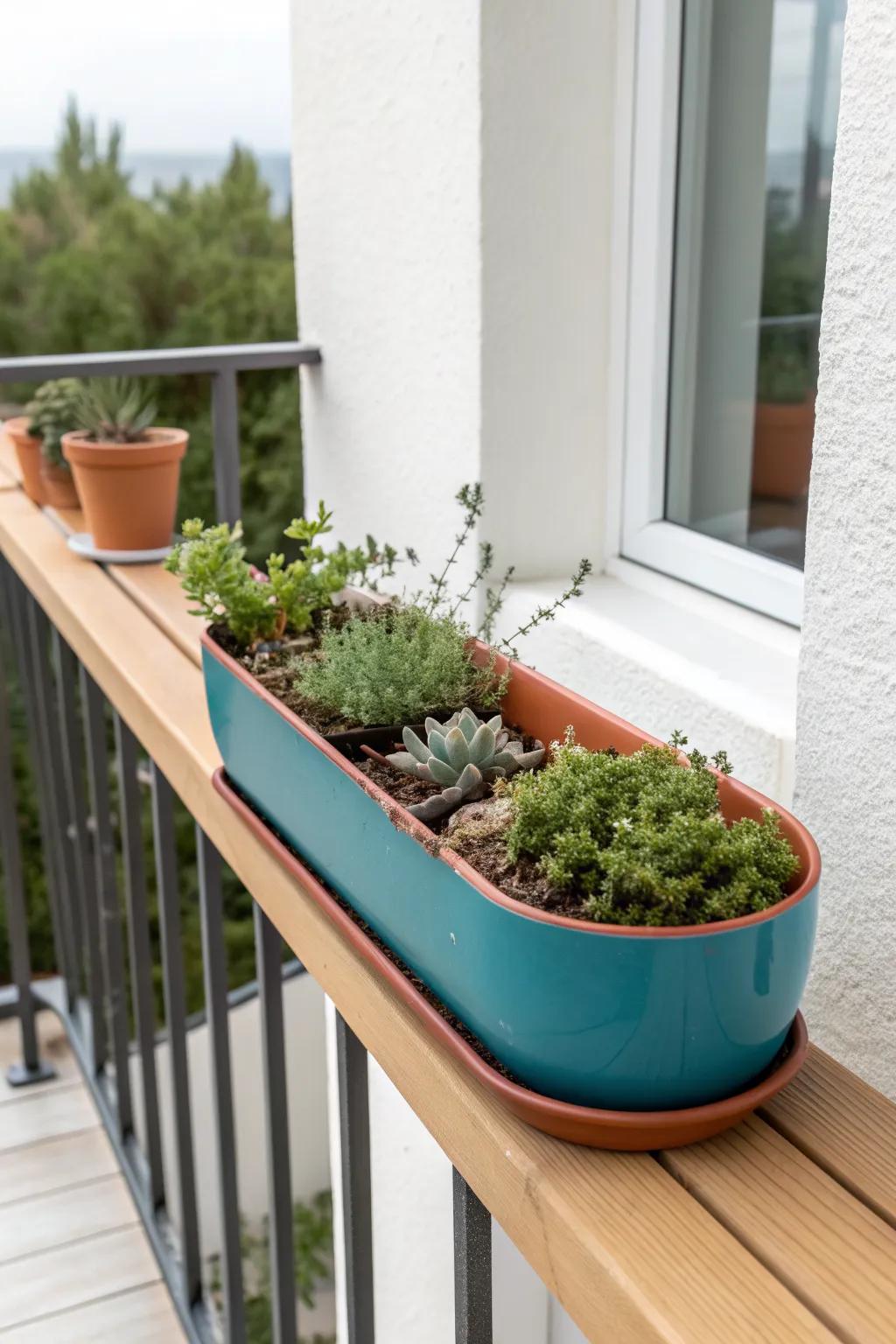 A sleek ledge-top shallow planter adds lush greenery to railings without taking floor space.