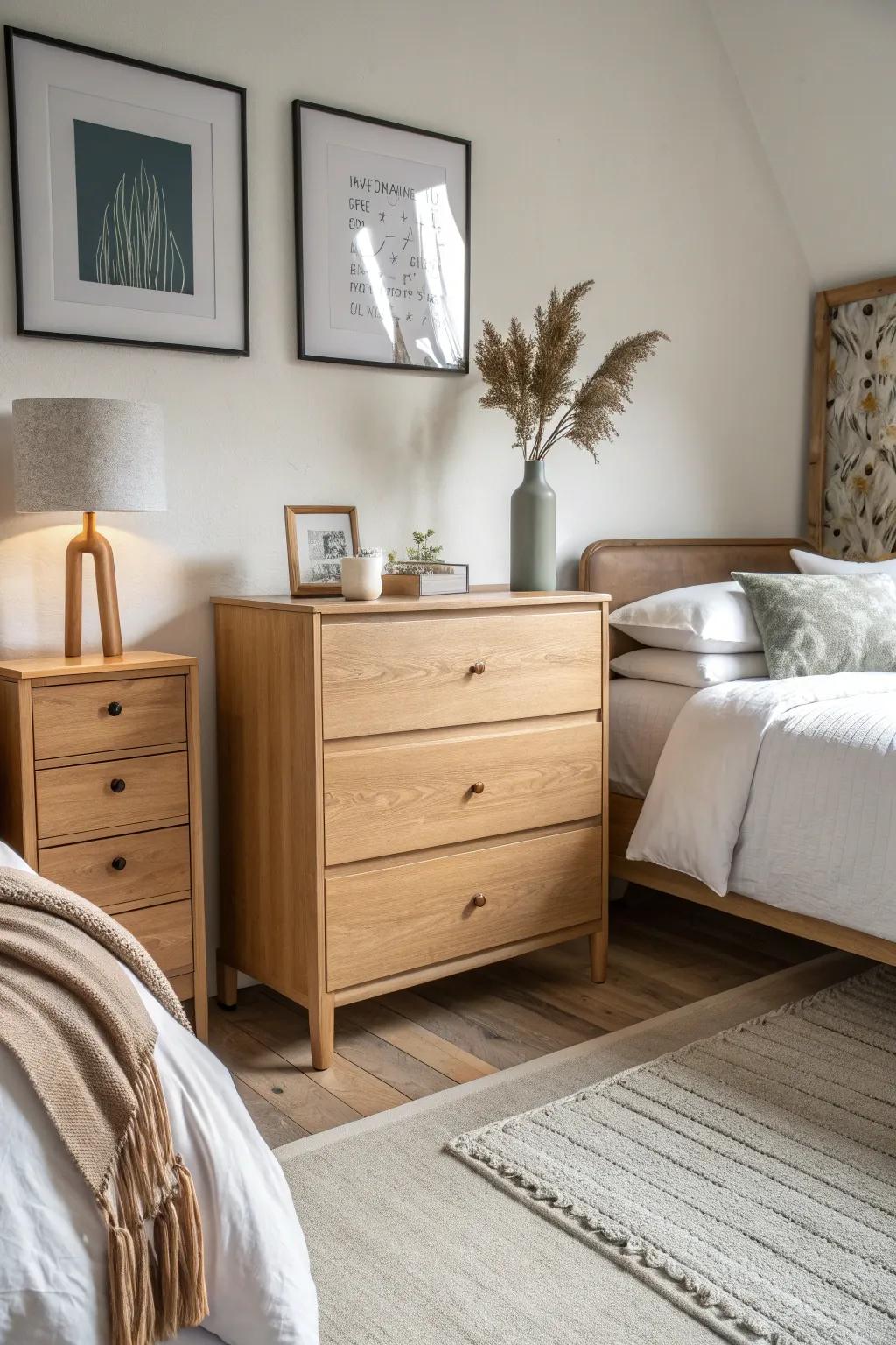 One shared dresser between beds adds storage and style—perfect for small shared adult rooms.