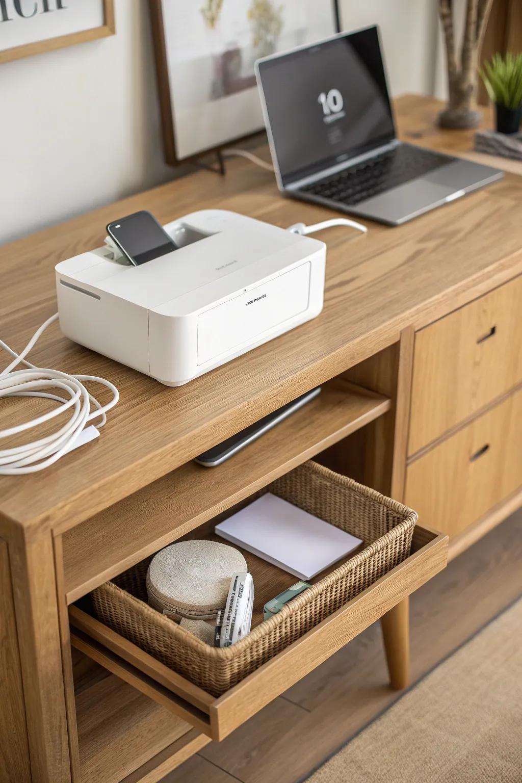 One shared tech station keeps both desks clear—printer, chargers, and paper in one chic spot.