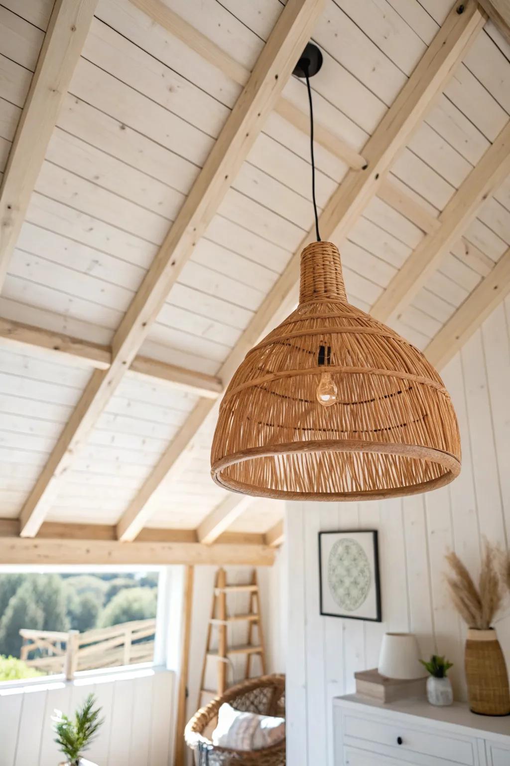 Exposed rafters lift a tiny shed cabin—add a sculptural woven pendant for cozy height.
