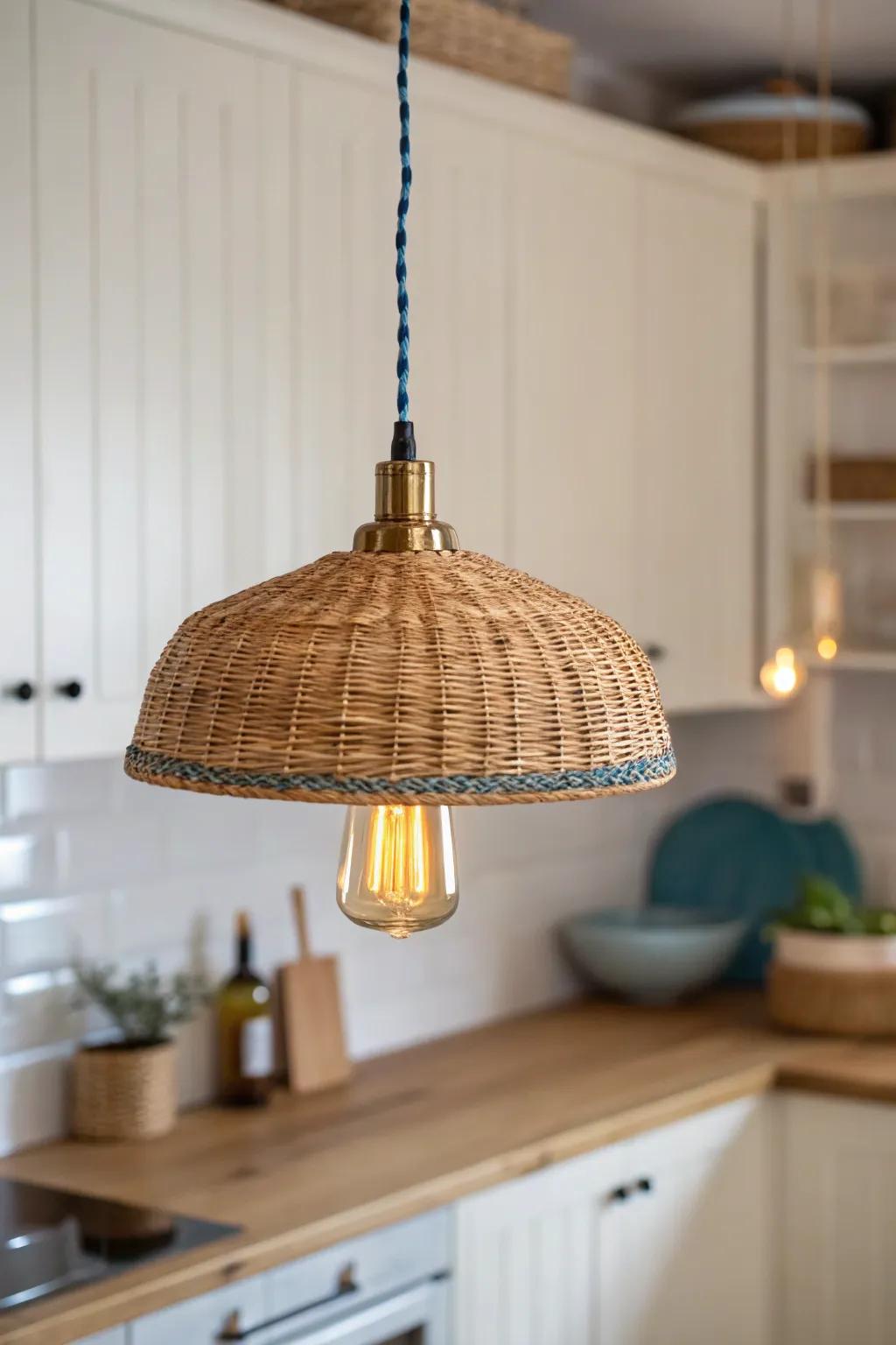 Layered light in a tiny shed kitchen: warm pendant glow plus crisp task lighting for prep.