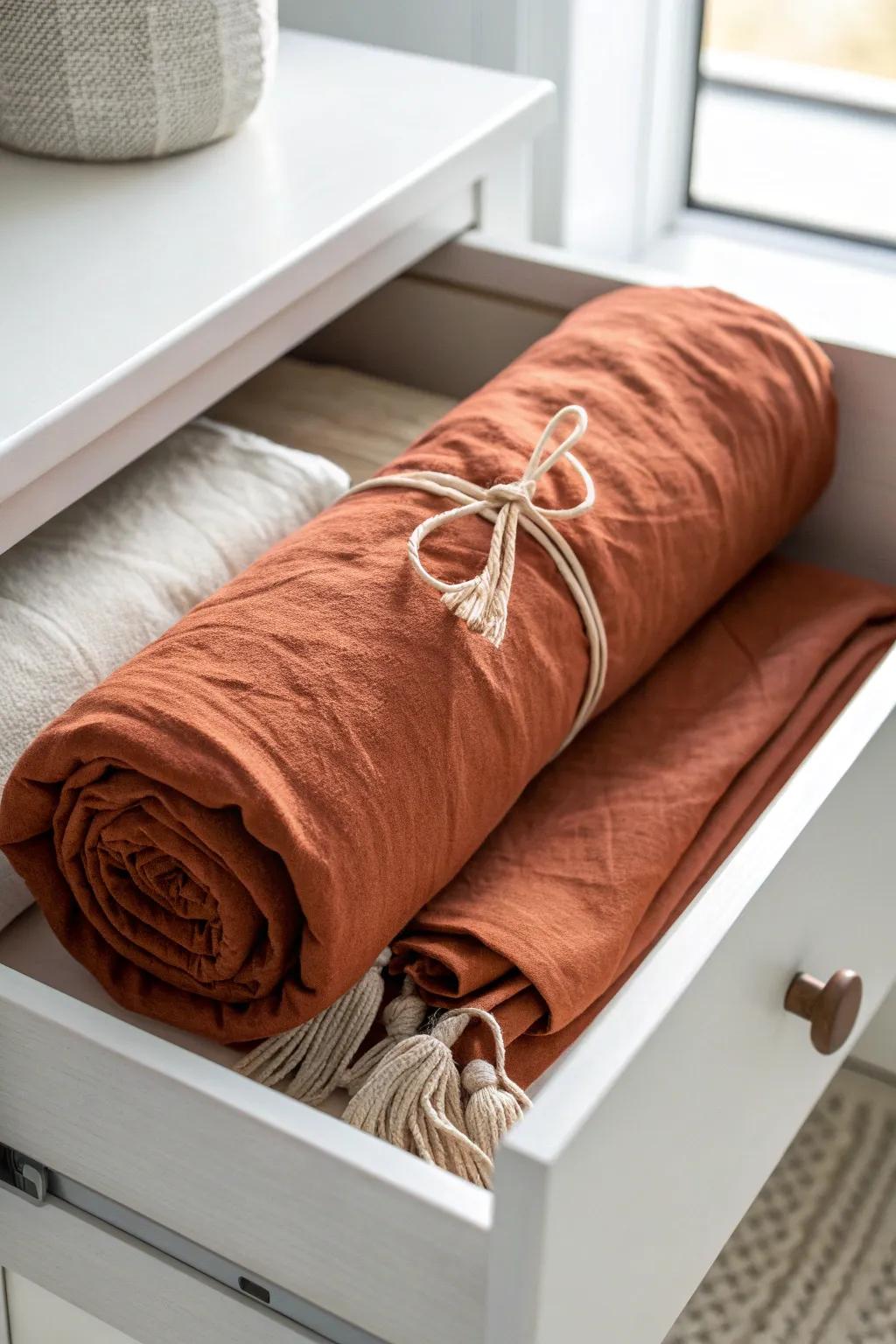 Roll sheets into a neat cylinder—drawer-friendly, space-saving, and beautifully minimalist.