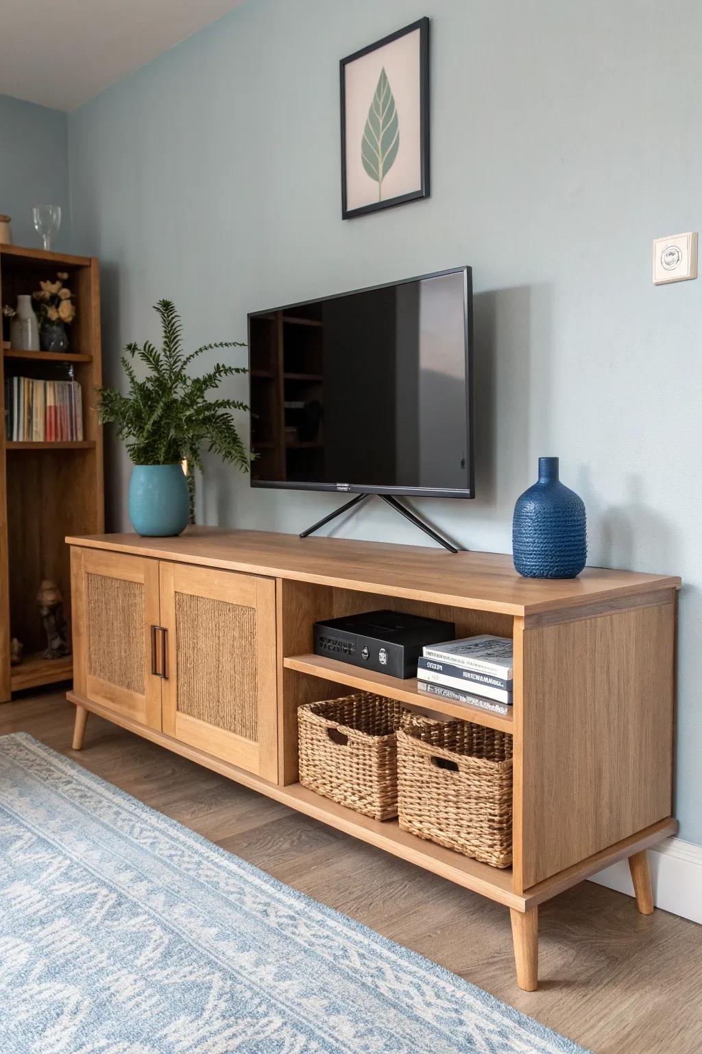 Low, long shelving doubles as a sleek media console—hide cords in baskets, keep the top calm.