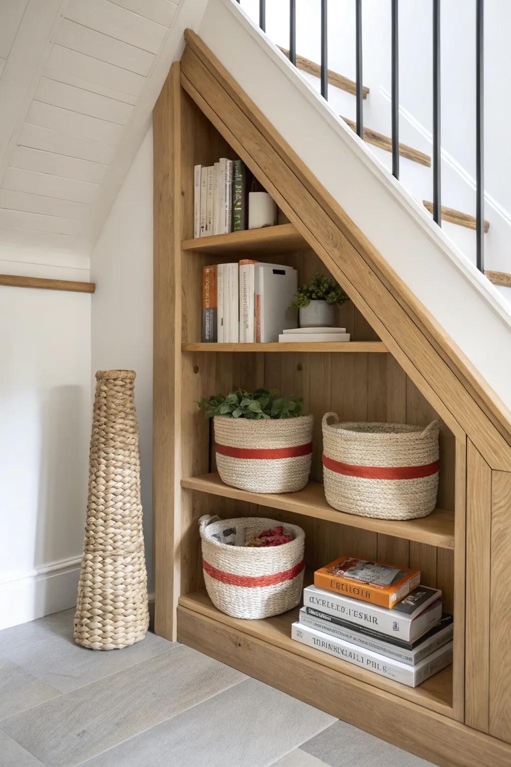 Turn the under-stair triangle into a chic mini library with clean built-in shelves and baskets.