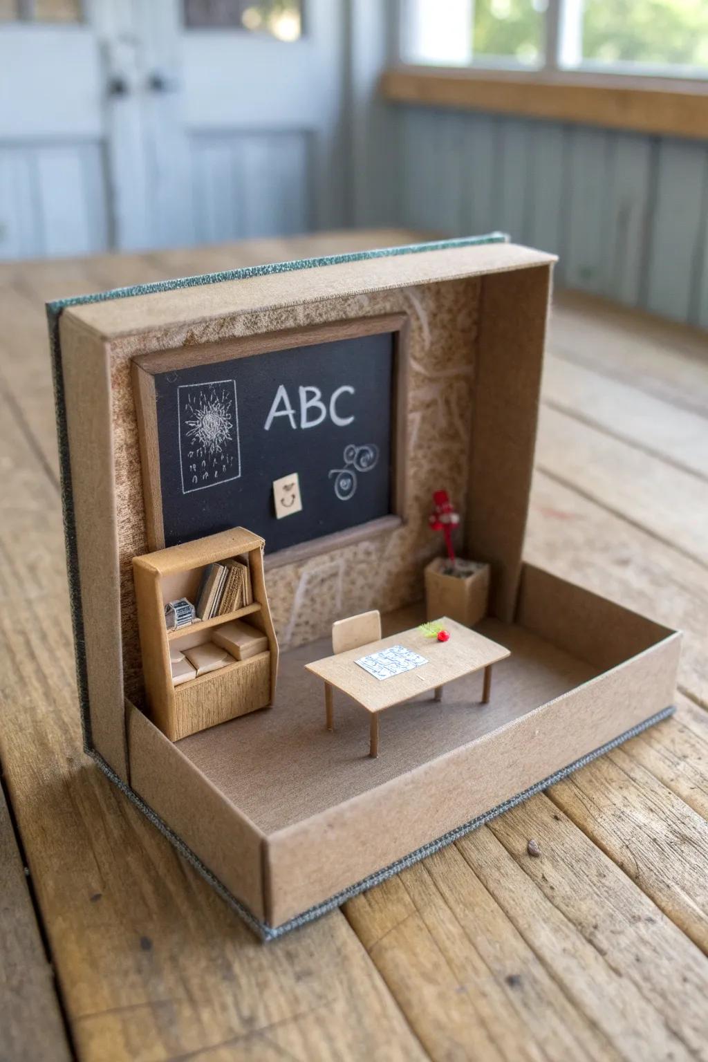 Shoebox mini classroom: tiny desks, chalkboard, and bold pops of color in one sweet scene.
