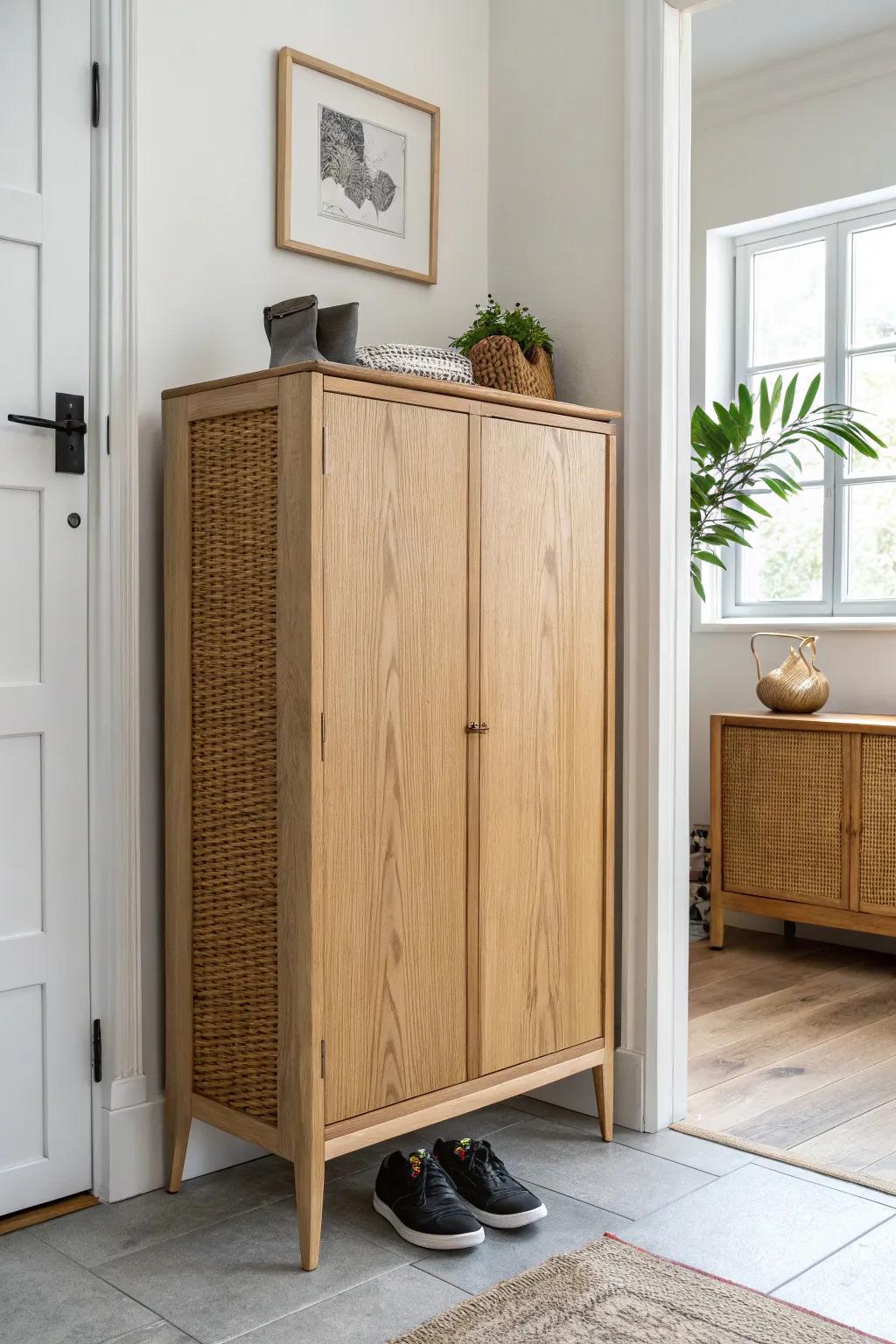 Extra-shallow shoe cabinet that stays flush to the wall—perfect for narrow entryways.