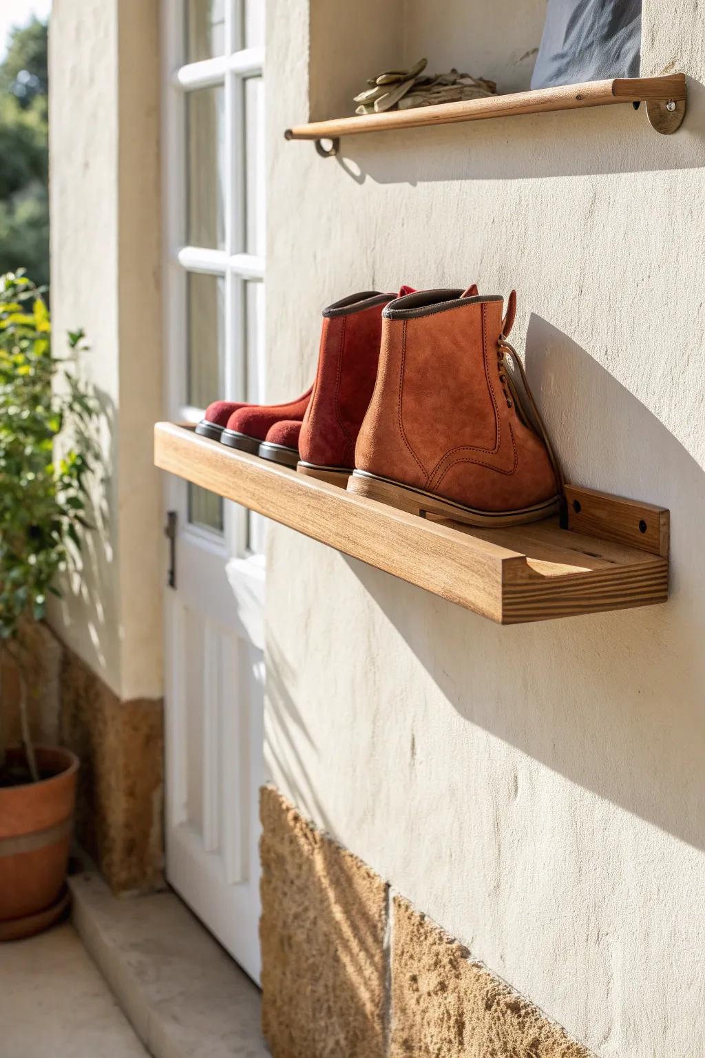 Save space in style: a floating oak shoe ledge that keeps your hallway sleek and clear.