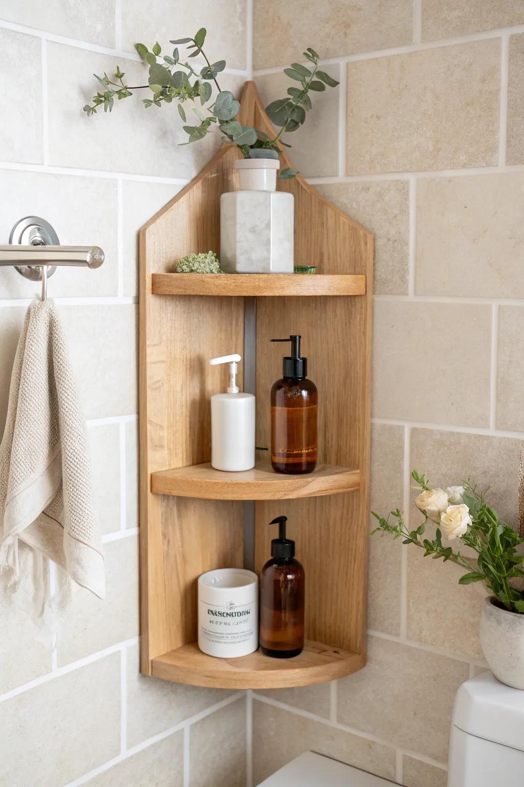 Go vertical: stacked corner shelves keep every bottle tidy and your shower ledge clear.
