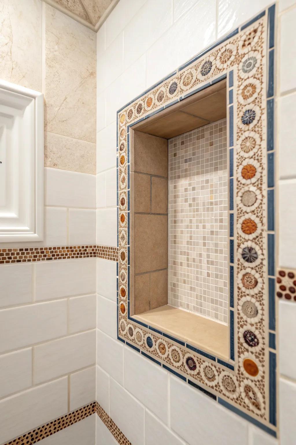 Micro-mosaic trim that frames your shower niche like jewelry—bold color, clean edges.