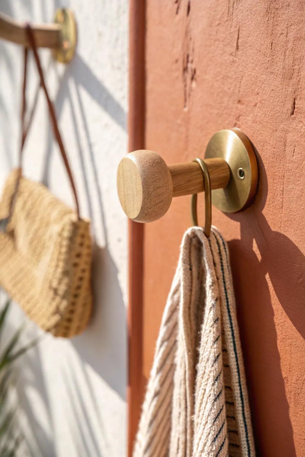 A single handcrafted wall hook turns a tiny wall into a chic mini entry drop zone.