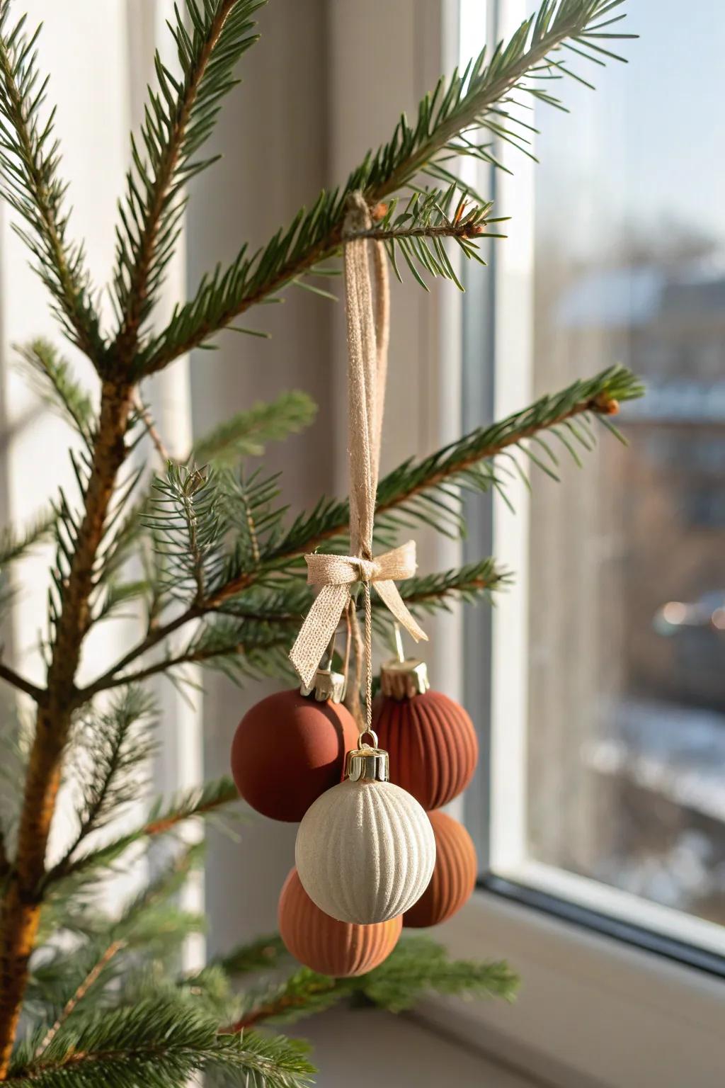 Style a slim tree fast: cluster 2–3 ornaments together for a fuller, curated look.