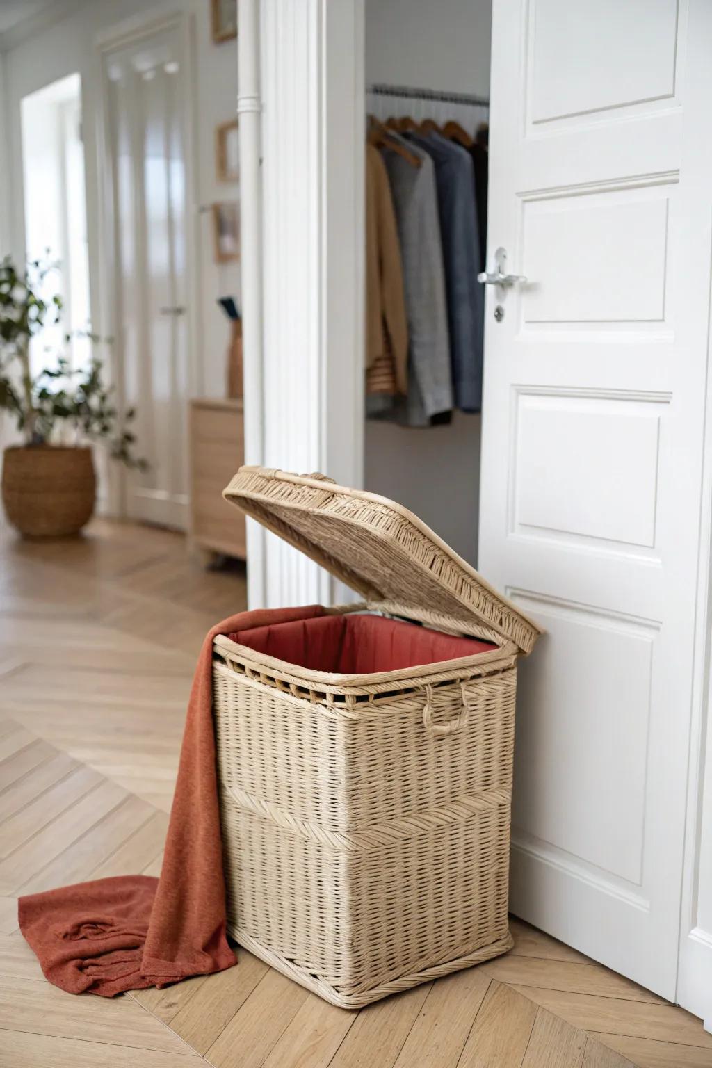 Closet-first dorm hack: keep one chic woven bin by the closet to stop clothing chaos.