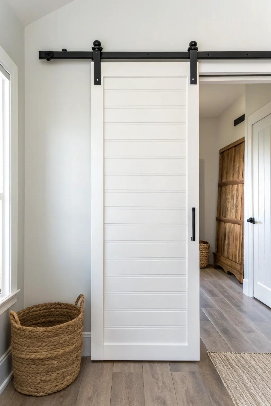 A white shiplap sliding door adds cozy texture and modern contrast to a minimalist bath.