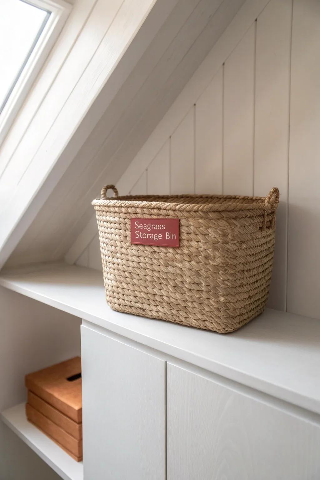 Open shelving under a slope looks serene with matching bins—pretty, practical, and space-smart.