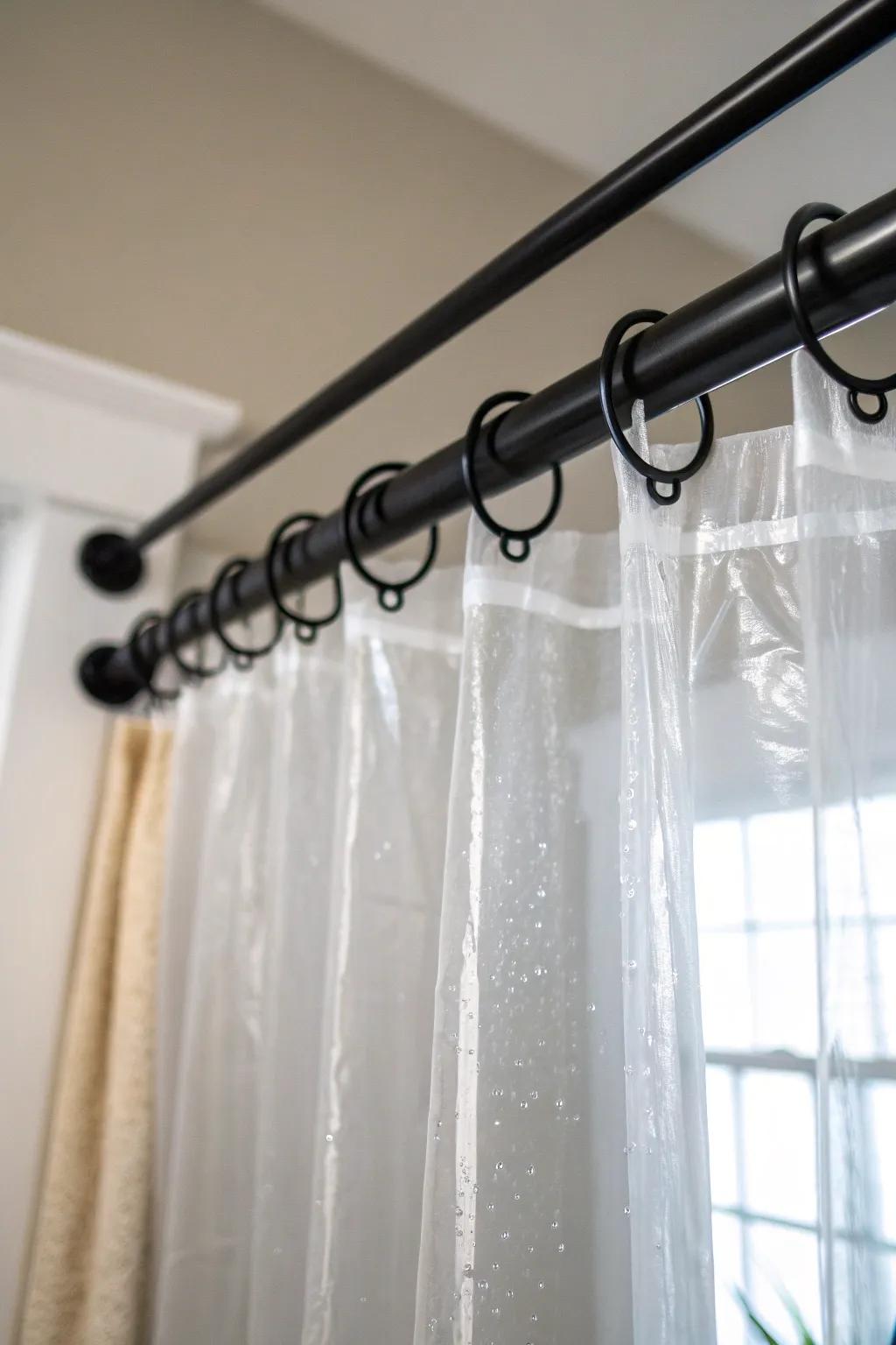 Make your shower feel invisible: a clear liner lets a tiny bathroom read bigger and brighter.