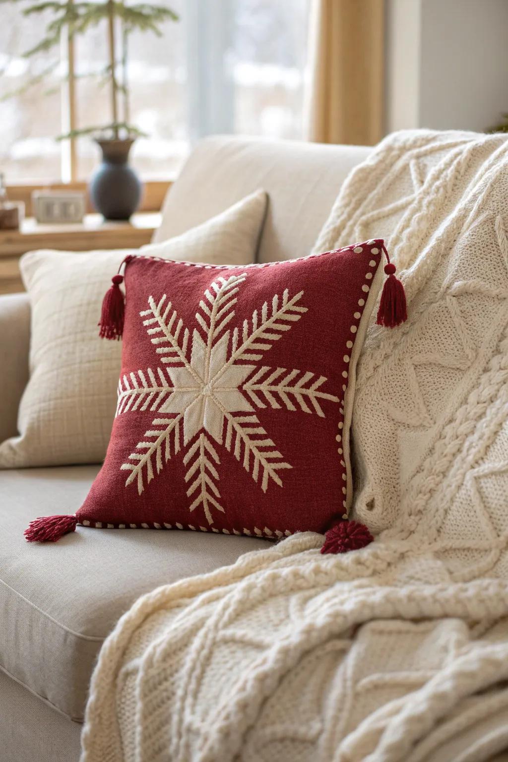 One festive pillow + a chunky knit blanket = the coziest small-space Christmas sofa corner.