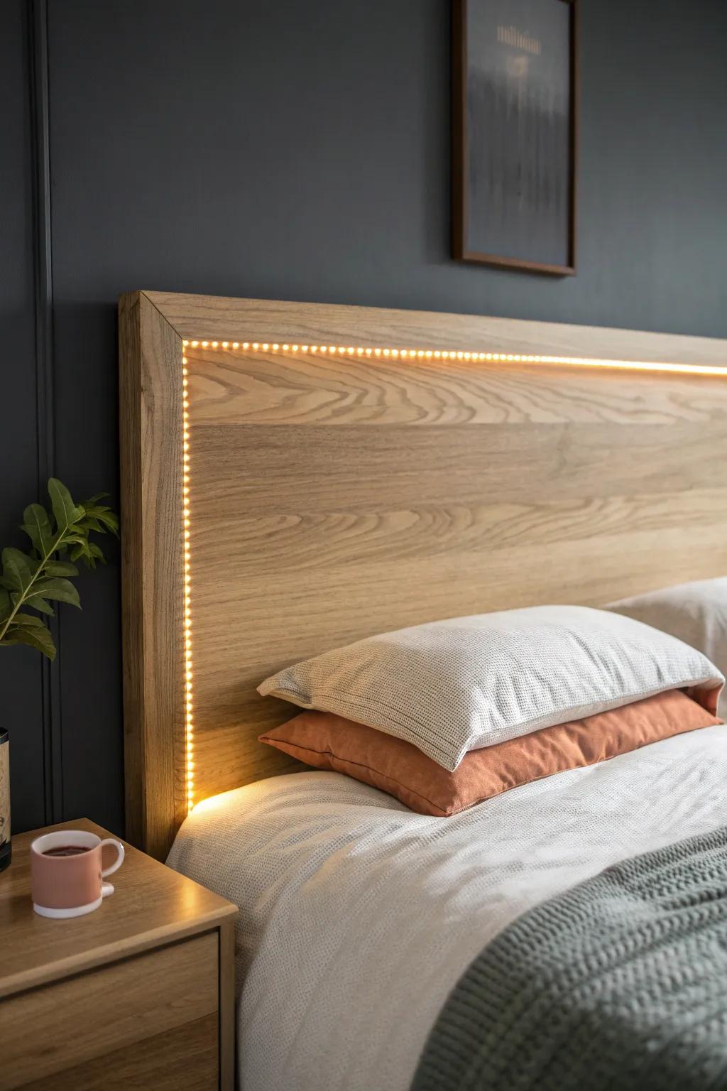 Hide LED strips behind your headboard for a luxe glow that makes small rooms feel bigger.