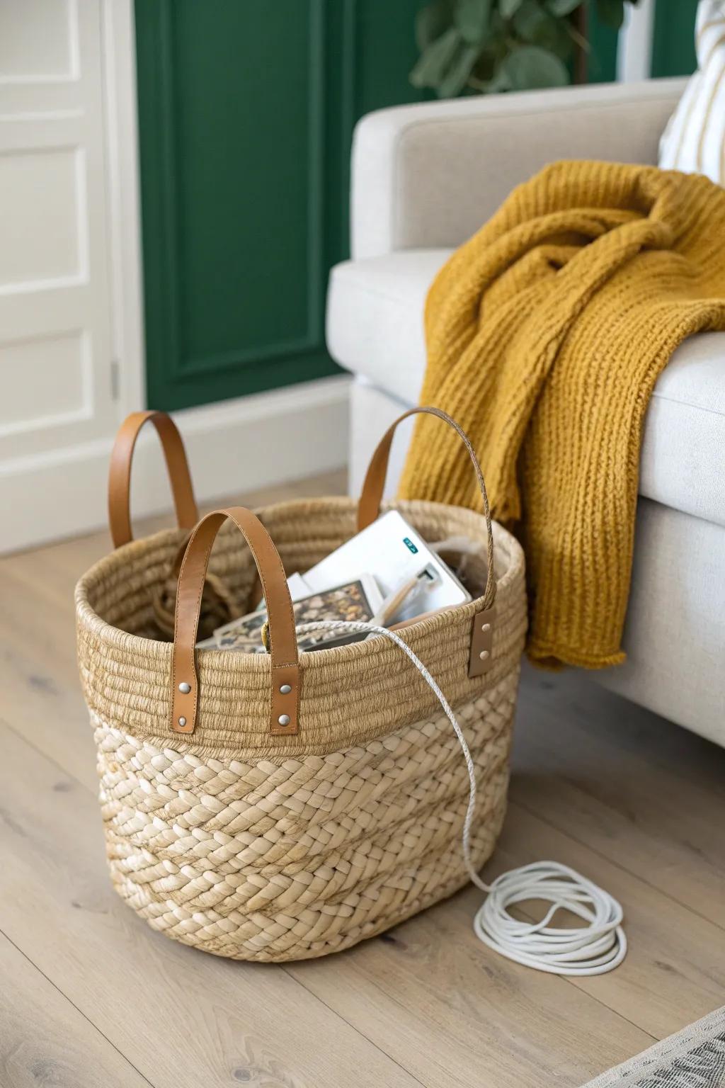 One woven basket = instant clean-but-cozy storage for throws, cables, and small-space clutter.