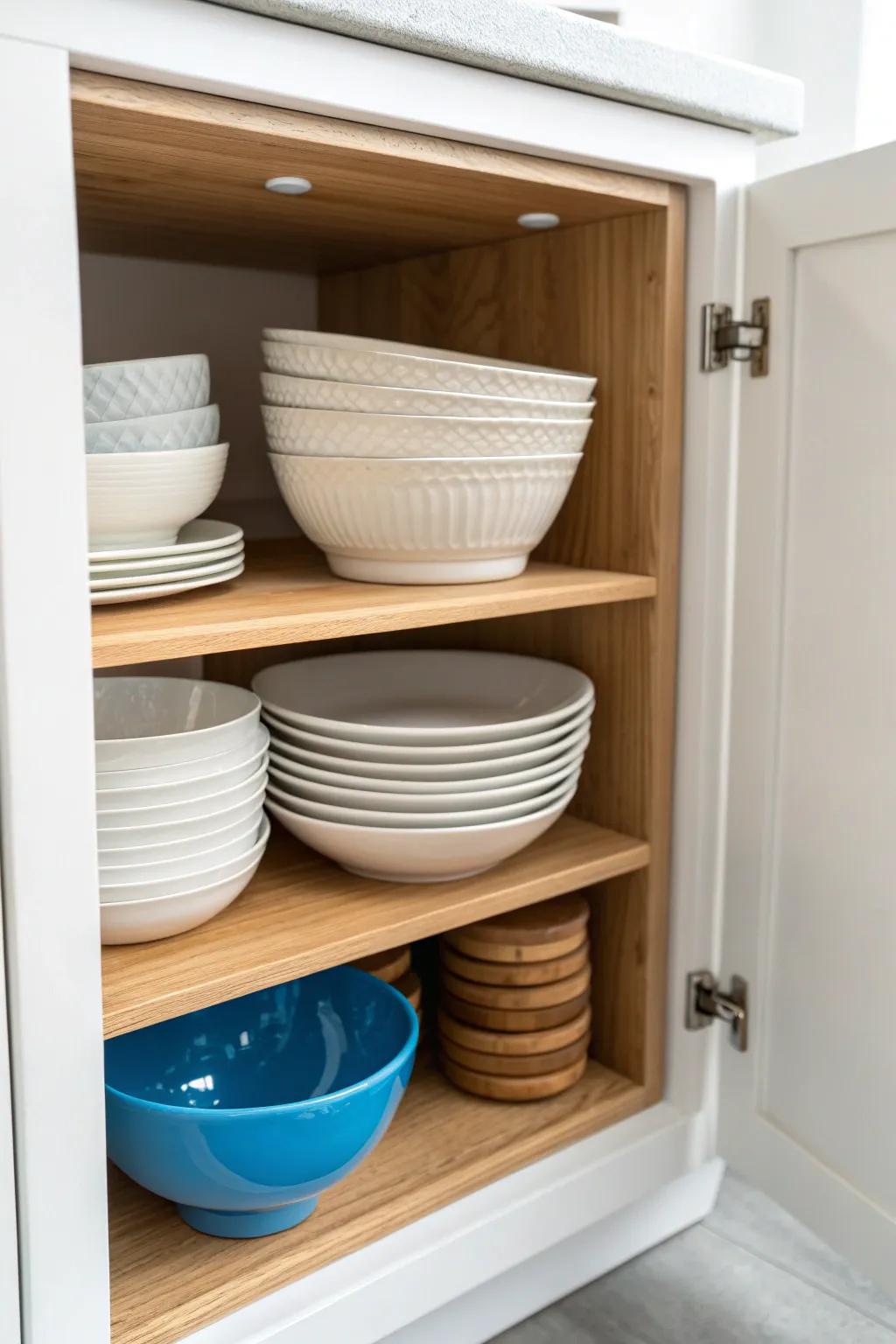 Stackable shelves double cabinet space and stop lid-and-bowl avalanches in small kitchens.