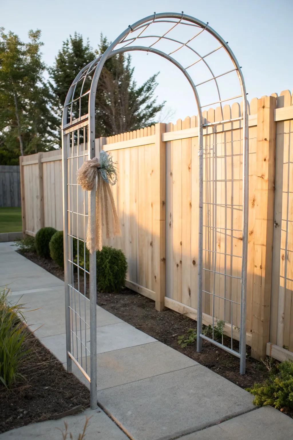Cattle-panel arch trellis: a garden doorway that adds vertical space for climbing veggies.