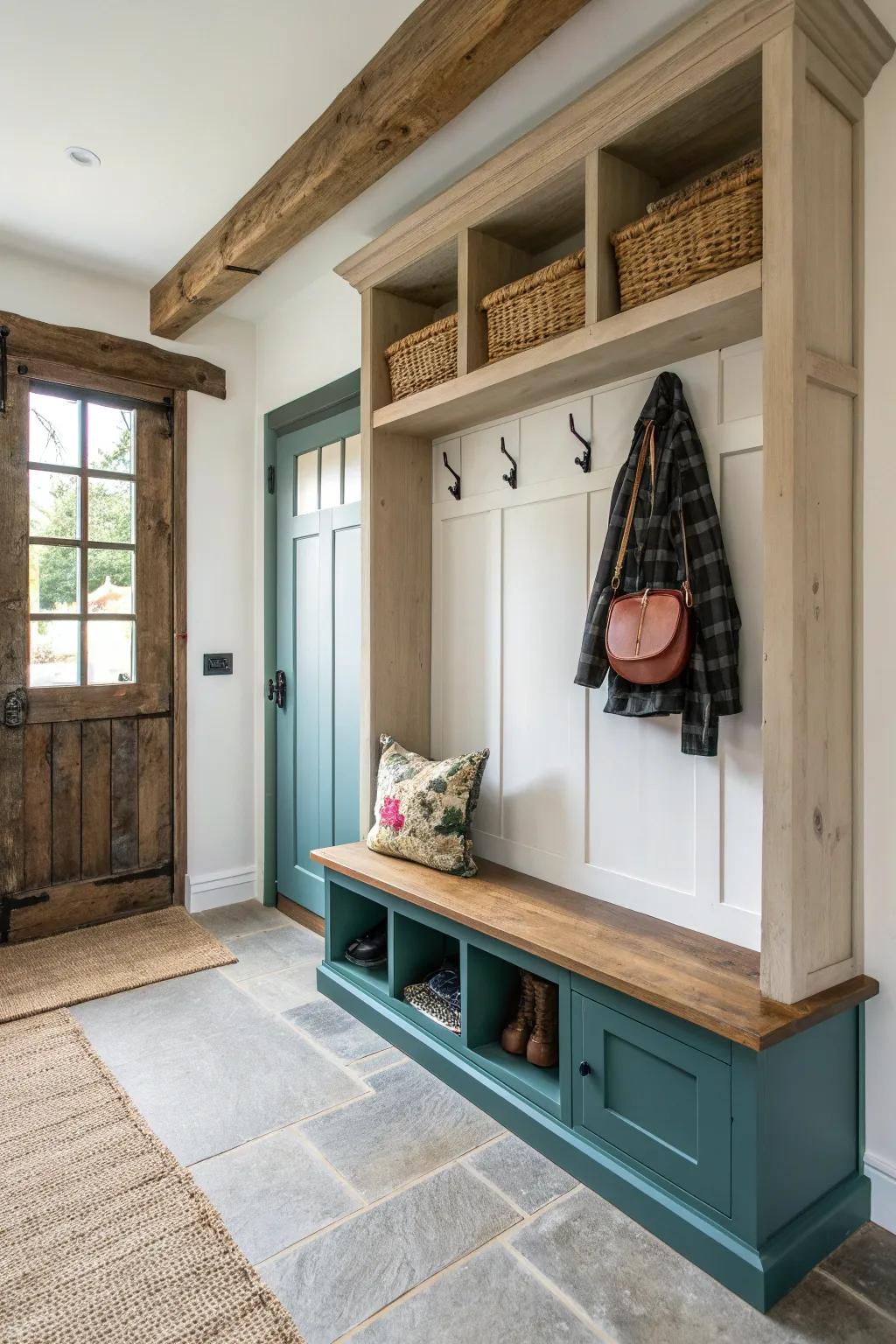 A built-in mudroom bench inside an old barn bay—compact drop-zone storage with calm style.