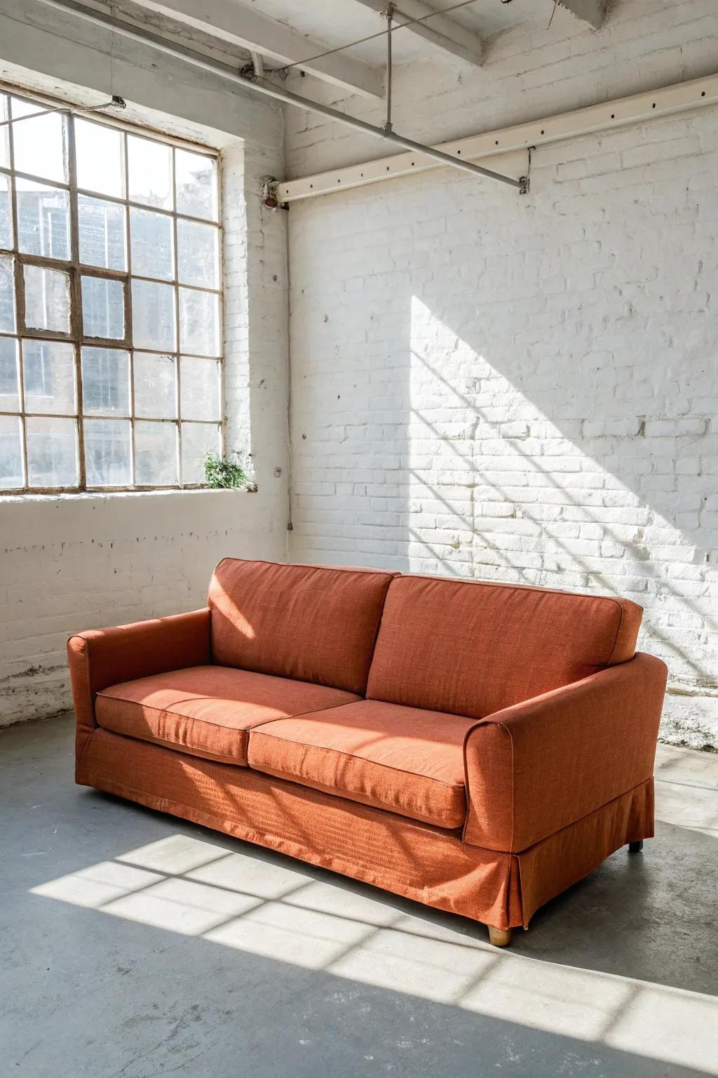 Thrifted sofa + washable slipcover = cozy basement seating that shrugs off spills on a budget.