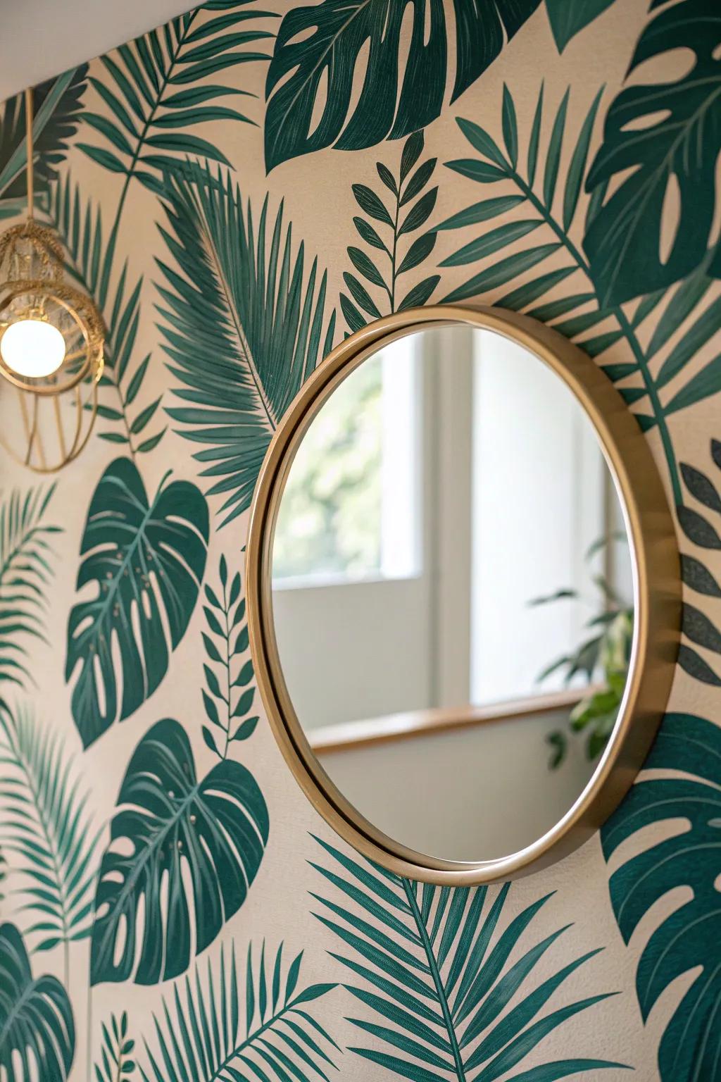 Bold palm-leaf wallpaper + a simple brass mirror: instant vacation vibe for the tiniest bath.