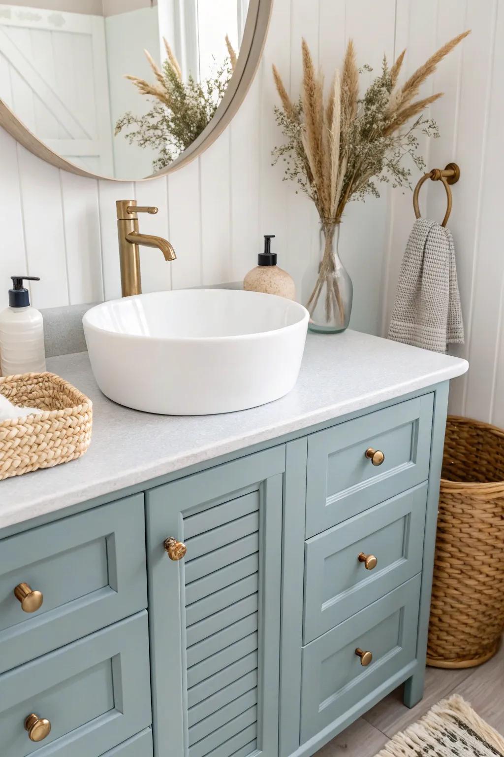 A crisp white countertop brightens a blue vanity—instant lift and clean contrast in a small bath.
