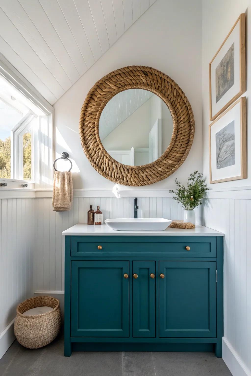 Paint the vanity wall bold—one accent color turns your mirror into instant bathroom art.