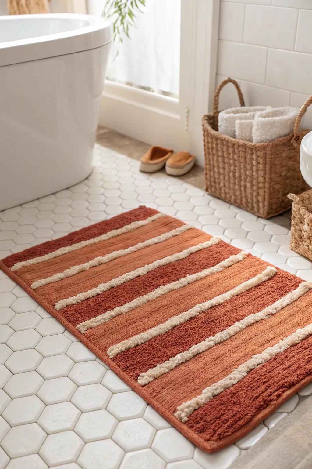 A ribbed handwoven rug instantly warms cold tile—cozy texture that fits perfectly in small baths.
