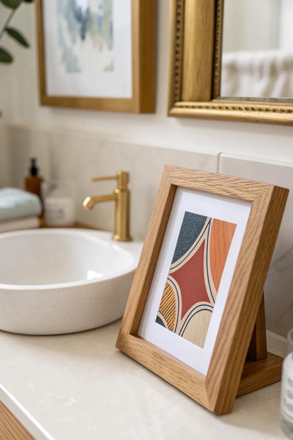 Lean a tiny framed print against your mirror for renter-friendly, elevated sink decor.