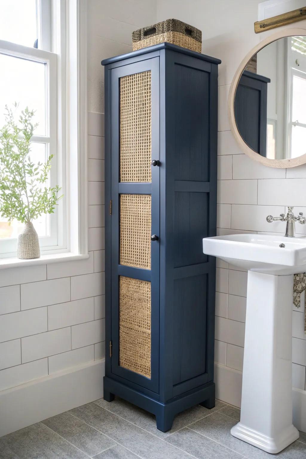 A tall, slim cabinet adds vertical storage without crowding your pedestal sink at all.