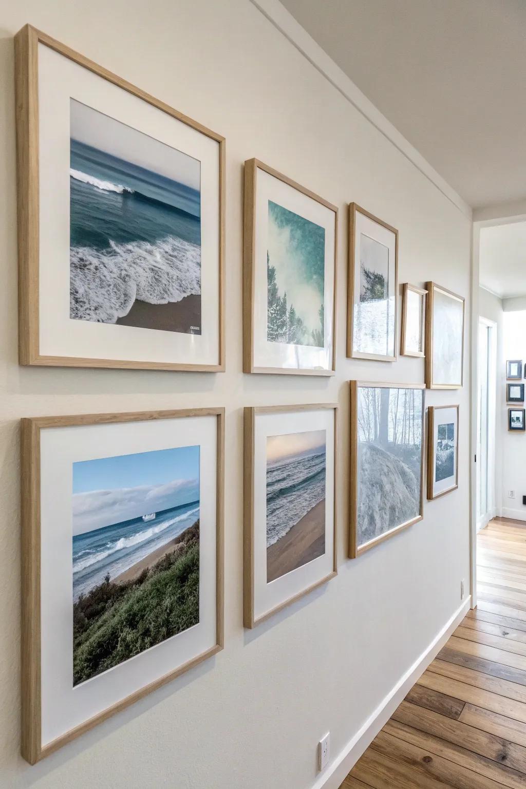 Calm coastal gallery wall, two frame tones and ocean abstracts—polished style for a small beach condo.