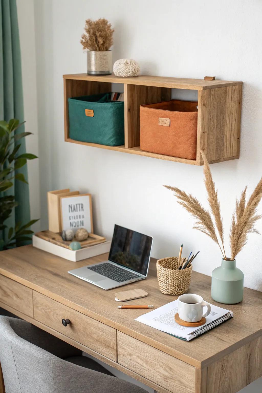 A single floating shelf above the desk adds storage without cluttering a small bedroom office.