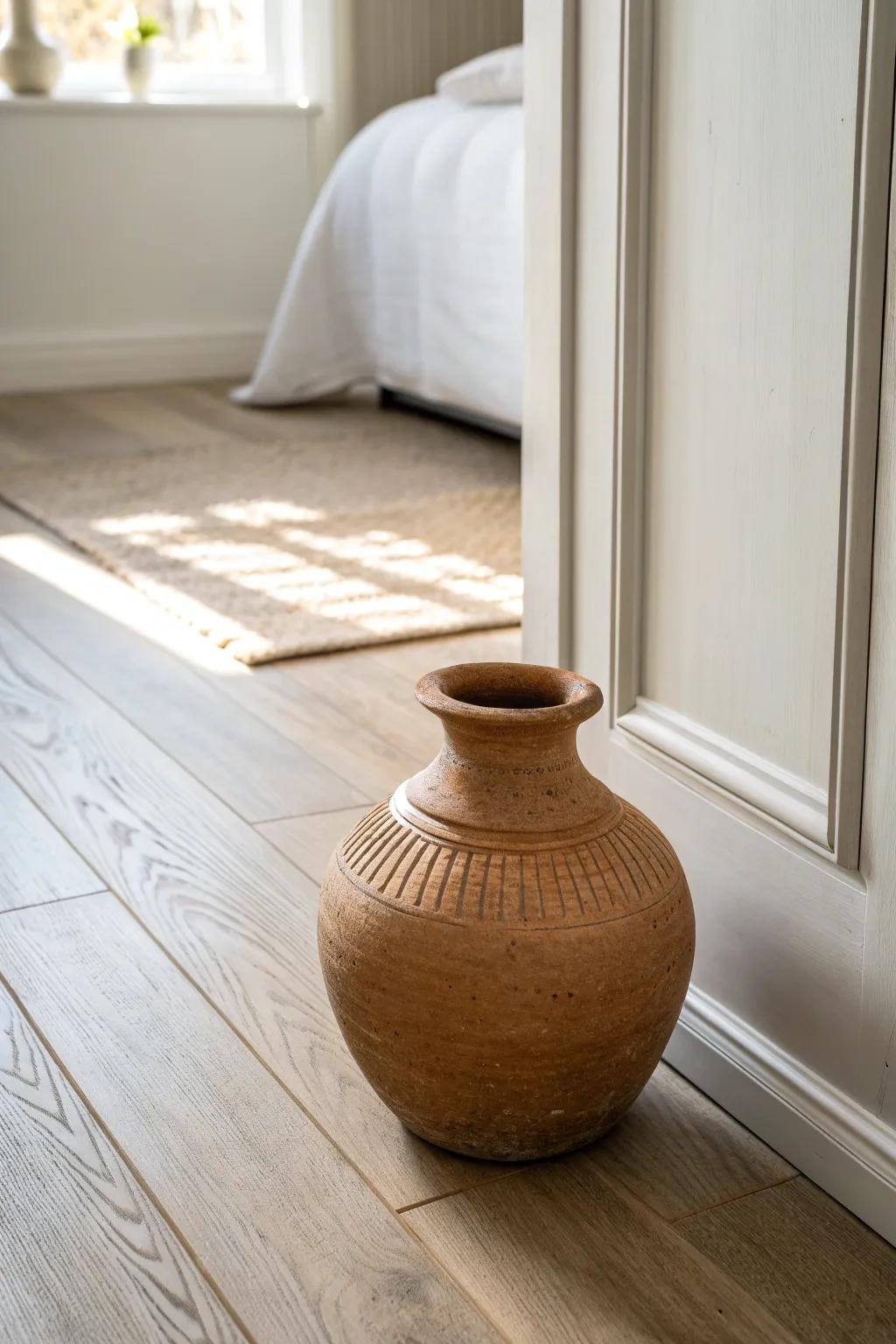 Light matte laminate keeps a small bedroom airy—wood-look warmth with dust- and scuff-hiding ease.