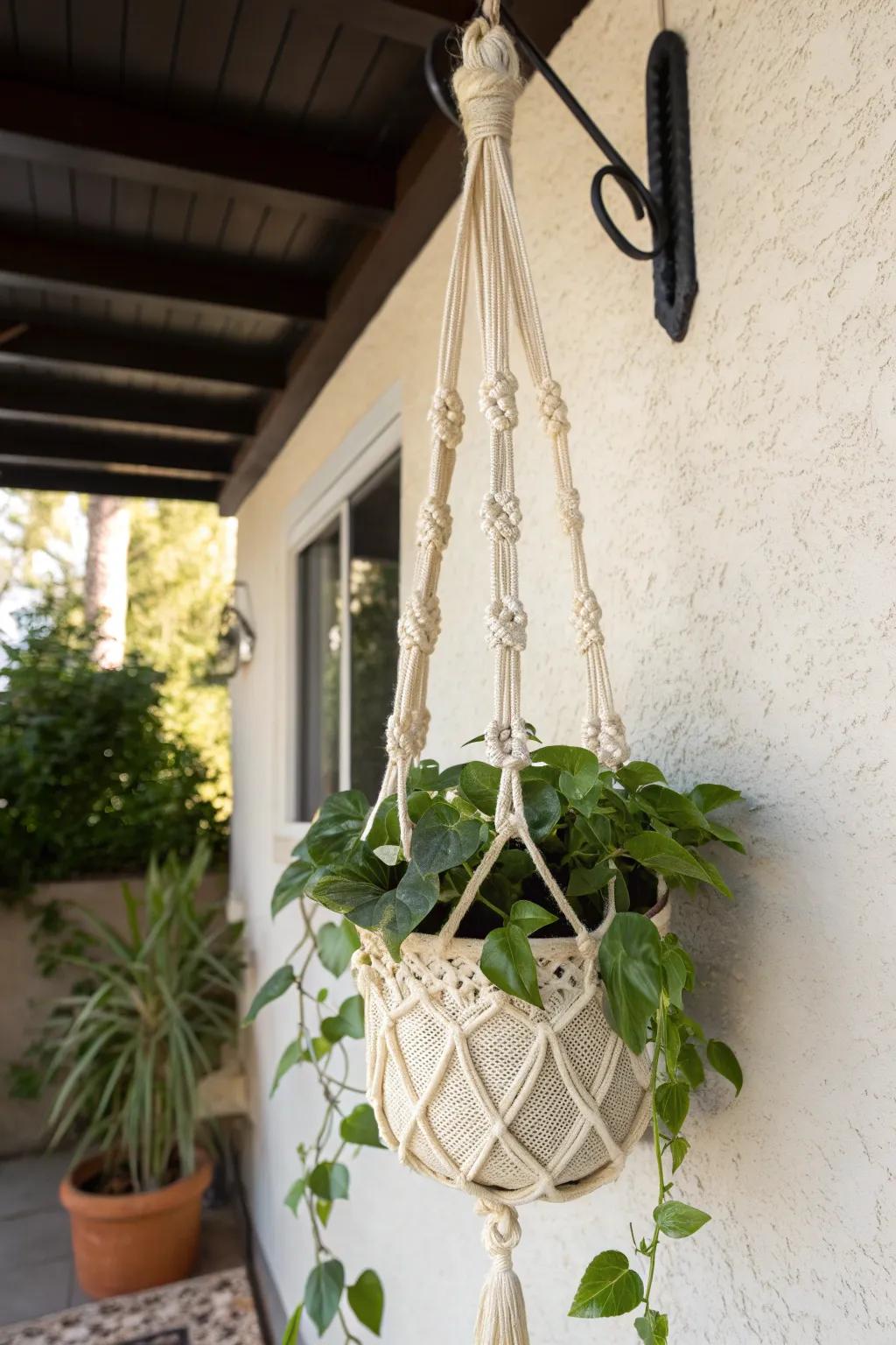 Go vertical: a macramé hanger turns a tiny patio corner into lush boho greenery—no floor space needed.