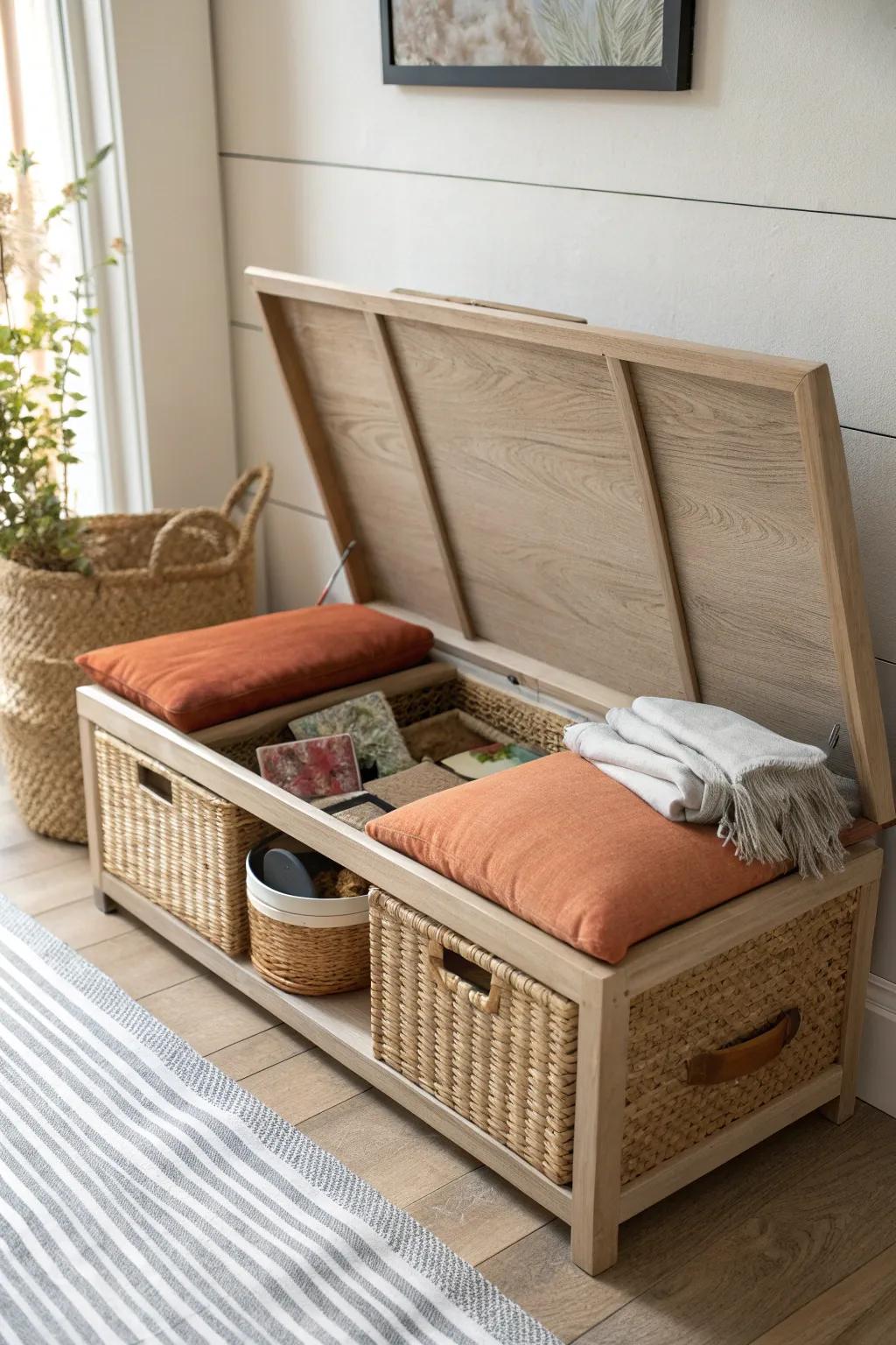 Swap chairs for a storage bench—hidden space for napkins, snacks, and paper goods.